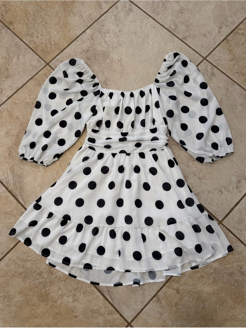 Women’s White & Black Polka Dot Puff Sleeve Mini Dress Size Large Cottagecore